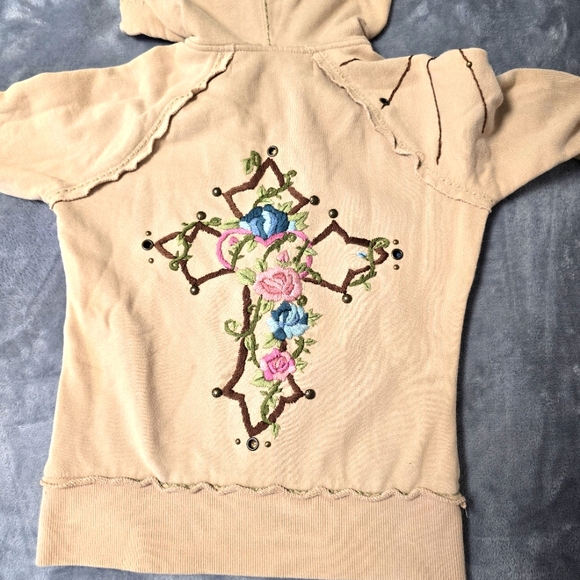 Miss Me Embroidered‎ Tan Cropped Hoodie Jacket Womens Size S Thrashed Distressed - Picture 4 of 13